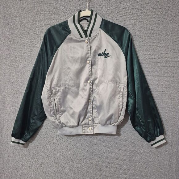 VTG Nike Women's Green Silver Varsity Windbreaker Jacket Small - Picture 1 of 8